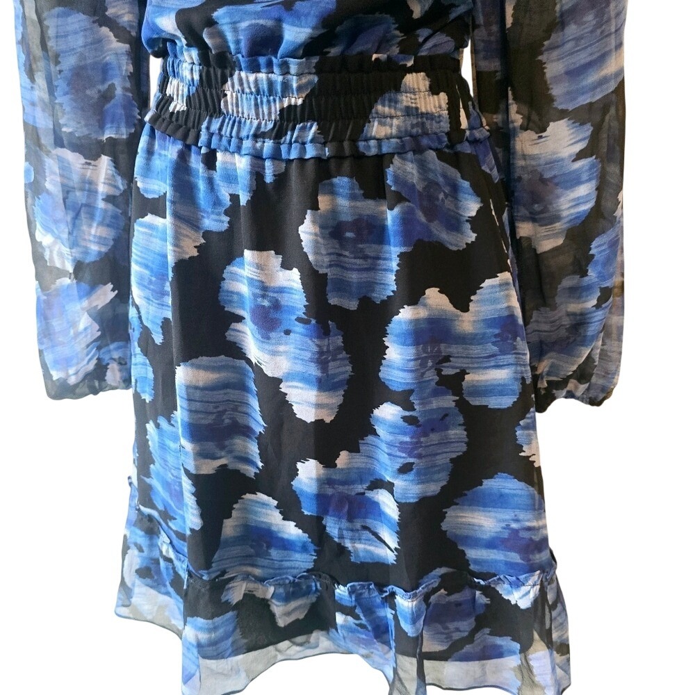 Parker New York Atticus Silk Mini Dress Blue Black Abstract Floral Smocked S New - Picture 5 of 8